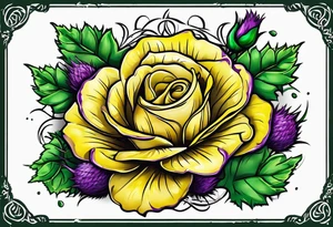 Yellow rose, purple thistle, and green shamrock with lettering KND tattoo idea