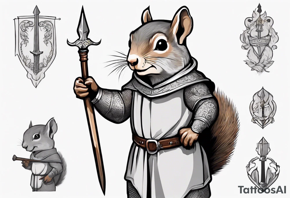 a grey squirrel dressed in a medieval tunic holding a silver spear tattoo idea