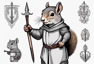 a grey squirrel dressed in a medieval tunic holding a silver spear tattoo idea