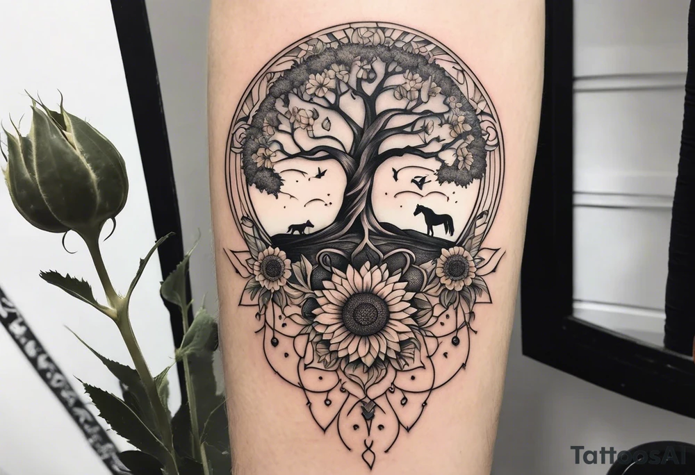 Yggdrasil tree, horse in front of it, and sunflowers tattoo idea