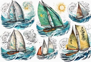 Sailing Catamaran in Rough weather and waves tattoo idea