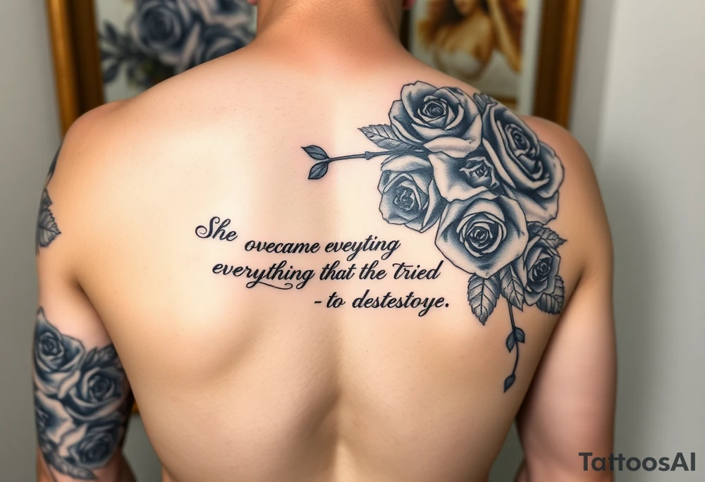 Full arm sleeve of blue roses with the quote “ She overcame everything that tried to destroy her “ tattoo idea