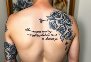 Full arm sleeve of blue roses with the quote “ She overcame everything that tried to destroy her “ tattoo idea
