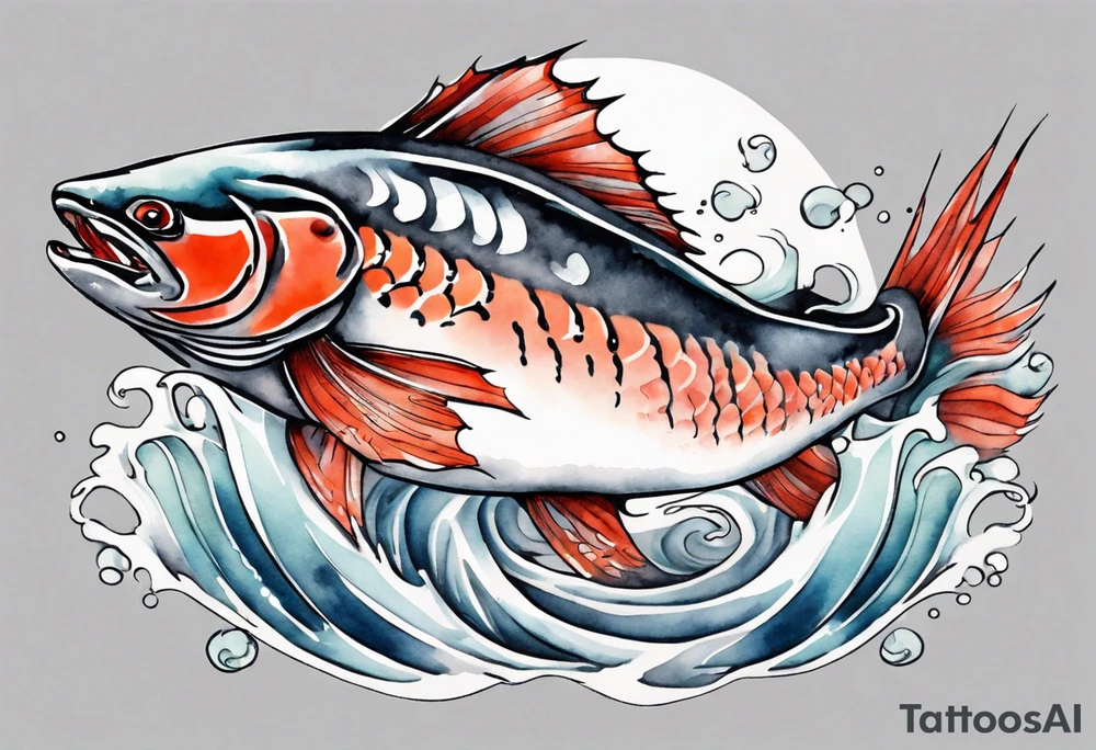 stylized Japanese salmon in grey water tattoo idea