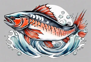 stylized Japanese salmon in grey water tattoo idea