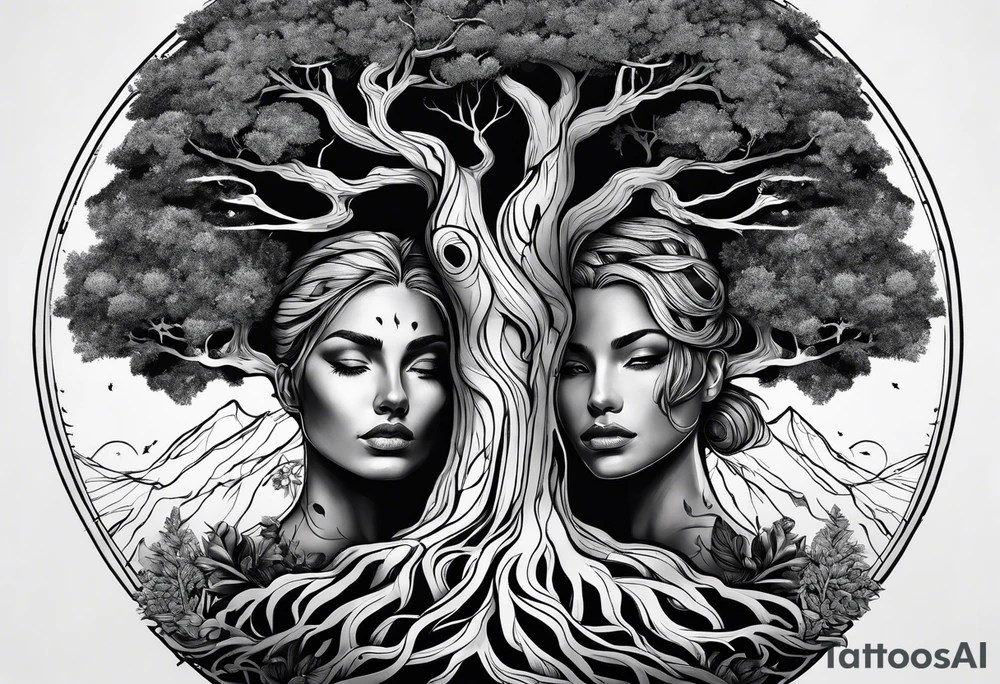 Andrea Rogge art tattoo, where two people are the roots and overflow into a tree, round tattoo tattoo idea