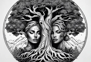 Andrea Rogge art tattoo, where two people are the roots and overflow into a tree, round tattoo tattoo idea