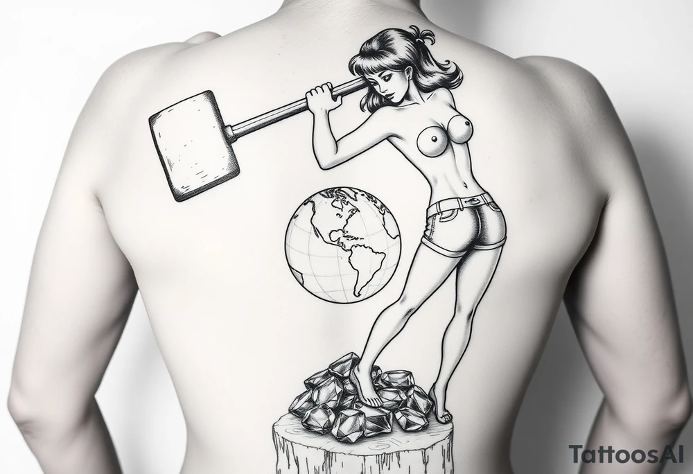 pin up girl in very short shorts swinging a very large headed mallet onto a small version of the earth globe, the earth glove is on top of a tree stump, the earth globe is in contact with the  mallet and being compressed by the mallet, and at the base of the stump is a pile of diamonds. Her short shorts are not covering her butt all the way. She is facing me with her breast bare and out. tattoo idea