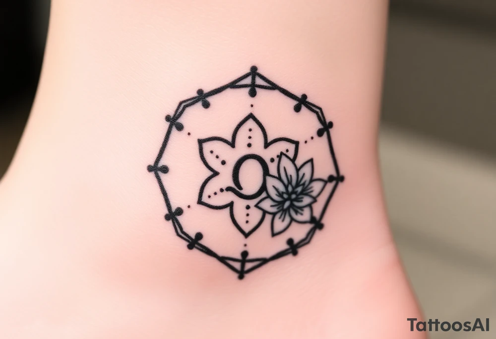 Hexagon with astrological sign for Leo,  larkspur and water lilies in the center tattoo idea