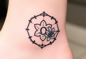 Hexagon with astrological sign for Leo,  larkspur and water lilies in the center tattoo idea