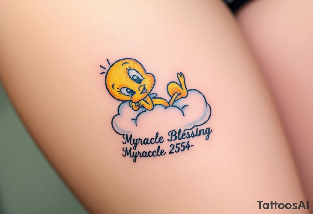 Tweety Bird laying on a cloud with his head in his hands looking up at the sky. Under the cloud in small capital letters is the name Myracle Blessing tattoo idea