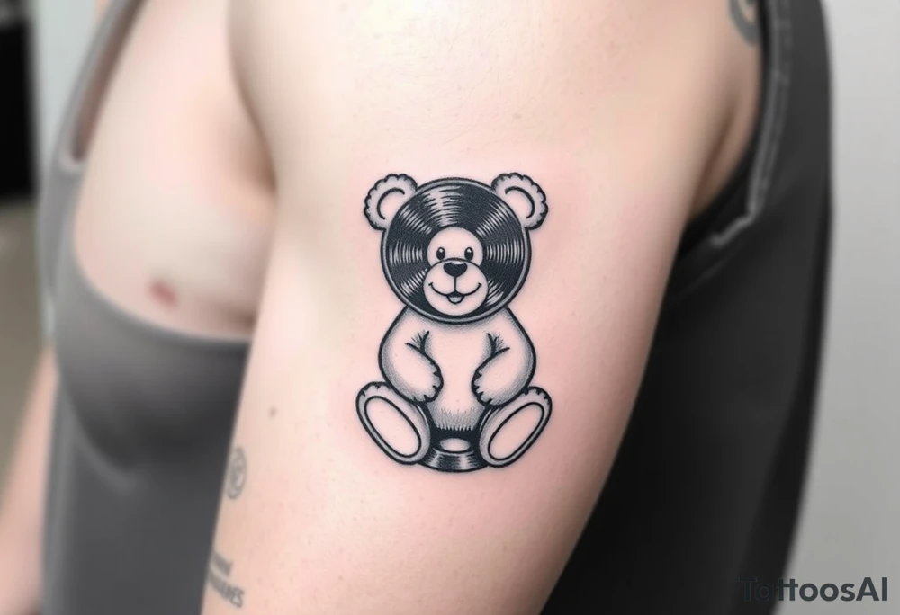 minimalist teddy bear with vinyl records as eyes smiling and sitting on a record tattoo idea