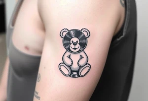 minimalist teddy bear with vinyl records as eyes smiling and sitting on a record tattoo idea