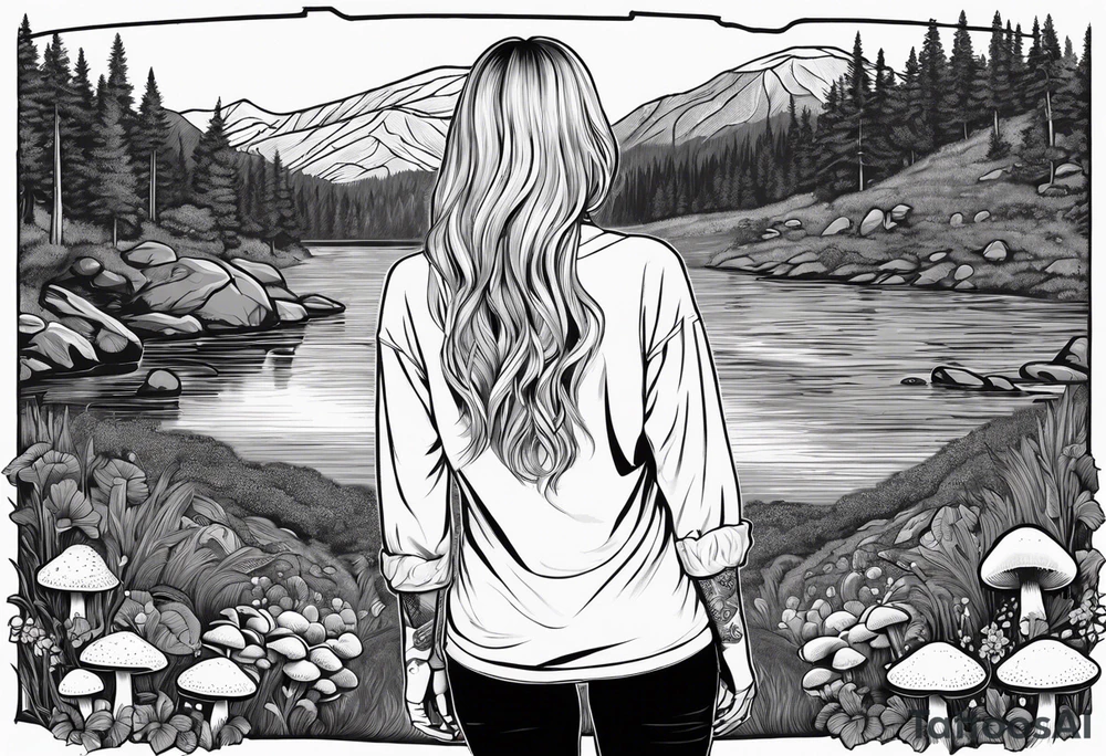 Whole picture encircled fully

Straight long blonde hair hippie girl in distance holding mushrooms in hand facing away toward mountains and creek surrounded by mushrooms long sleeve shirt and hiking pants; whole rendering within a full circle, no cut off circle tattoo idea