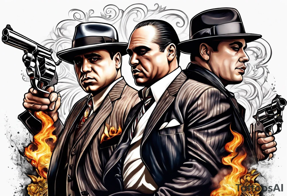 group of gangsters  with bonnie & clyde with Al Capone and machine gunns with smoke and fire tattoo idea