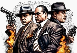 group of gangsters  with bonnie & clyde with Al Capone and machine gunns with smoke and fire tattoo idea