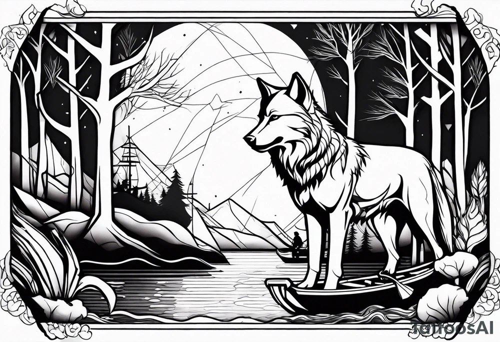 a wolf with a fisherman on a bank tattoo idea