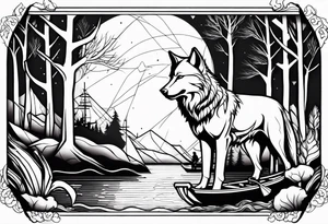 a wolf with a fisherman on a bank tattoo idea
