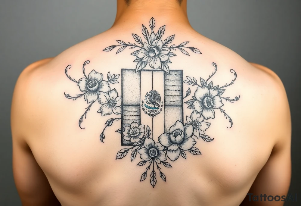 Small, feminine tattoo for placement on my clavical or lower back that reflects new life journey, delicate florals, ornaments and vines. Include Mexican flag and images of Mexican flowers. Style as four tile layout. tattoo idea
