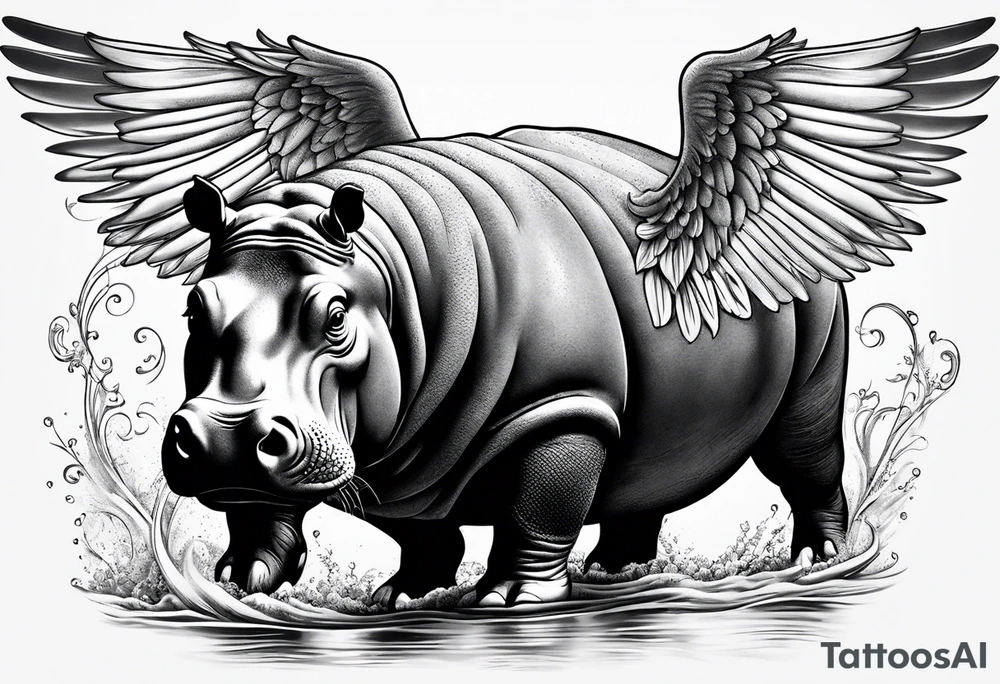 Hippopotamus with wings tattoo idea
