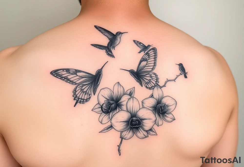 Butterflies and hummingbirds flying over orchids tattoo idea