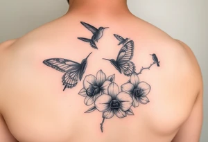 Butterflies and hummingbirds flying over orchids tattoo idea