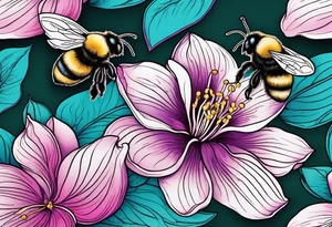 A beautiful detailed pink, purple, and teal Hawaiian jasmine flower with 2 tiny adorable baby bumblebees landing on the petals tattoo idea