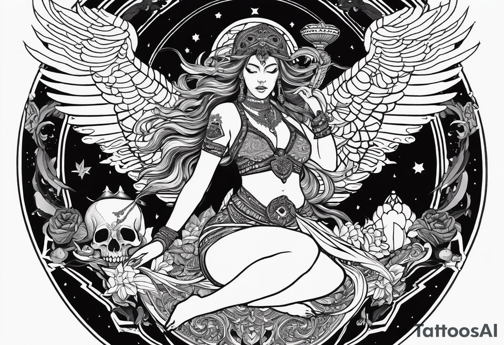 black kali, goddess pirate, alien, angel, pachamama, valkrye, warrior, flying, skull, lotus azul, wing, eagle, zenza resonance, stars, 5D, anahata chakra, death, durga, riding on a tiger, flying lady, chest tatoo tattoo idea