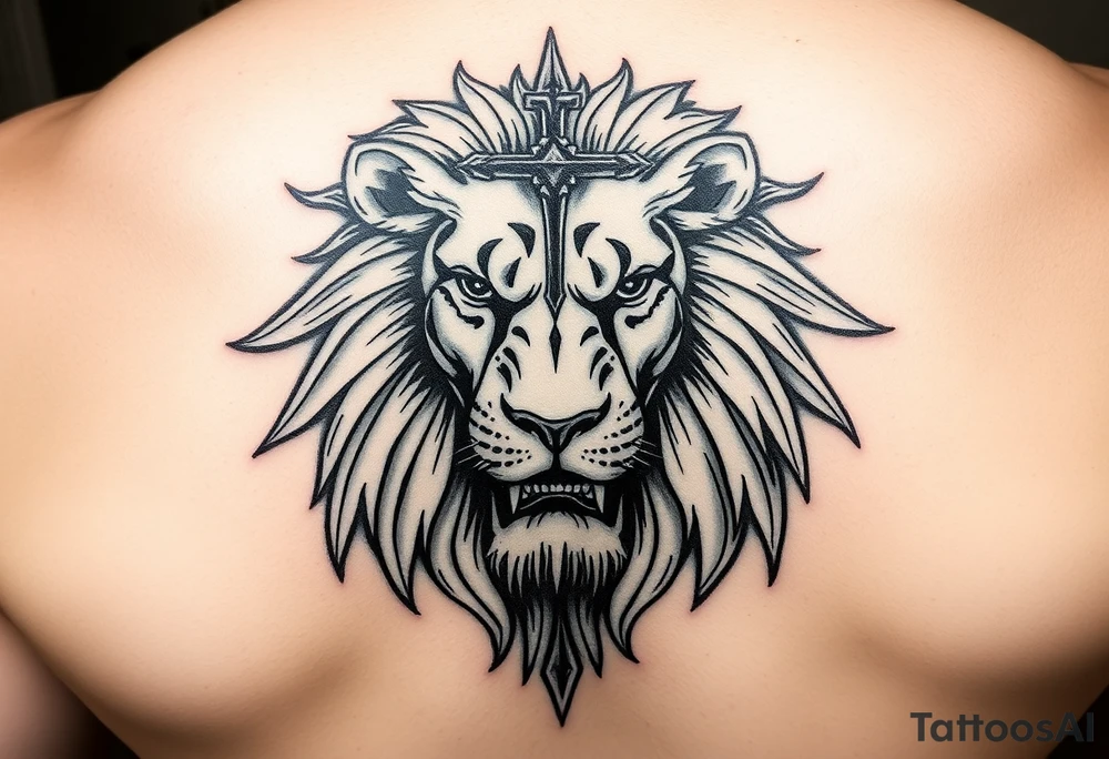 powerful majestic lion with a cross - biblically tattoo idea