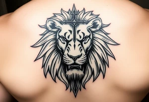 powerful majestic lion with a cross - biblically tattoo idea
