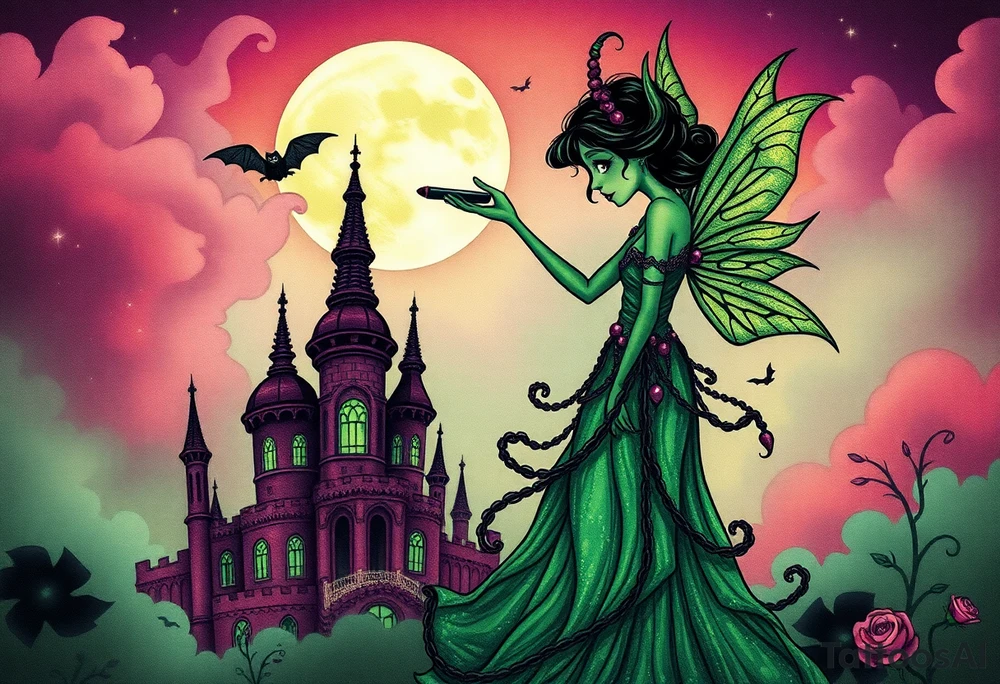 Tim Burton’s style Vintage Parisian elegant and beautiful yet eerie full body absinthe Green Fairy dances outside her victorian crystal absinthe bottle Absinthe Art Nouveau   and dripping with muted reds, dusty pinks, and eerie green glow.purple and cyan smokey clouds swirl in the crescent moonlit sky thats sprinkled with stars under the castle an adorable kawaii bat spreads its wings tattoo idea tattoo idea