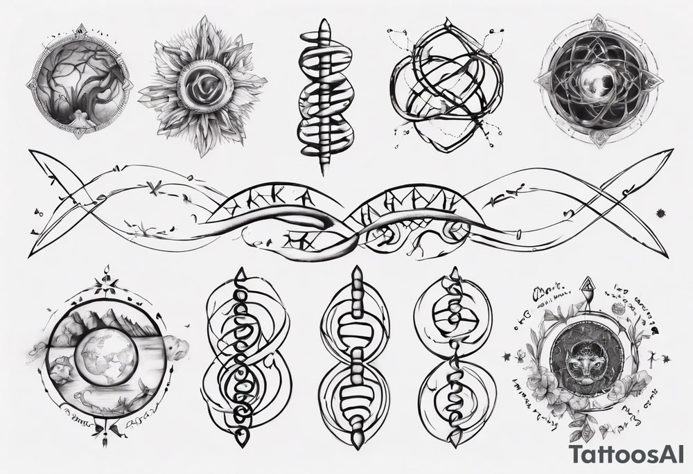 Create a tattoo sketch that visually represents my life journey and the evolution of mindfulness. Consider life as a DNA chain, where each link symbolizes key moments of my development and consciousness. Allow the images to change and transform, reflecting the evolution of my perception and self-understanding over time tattoo idea