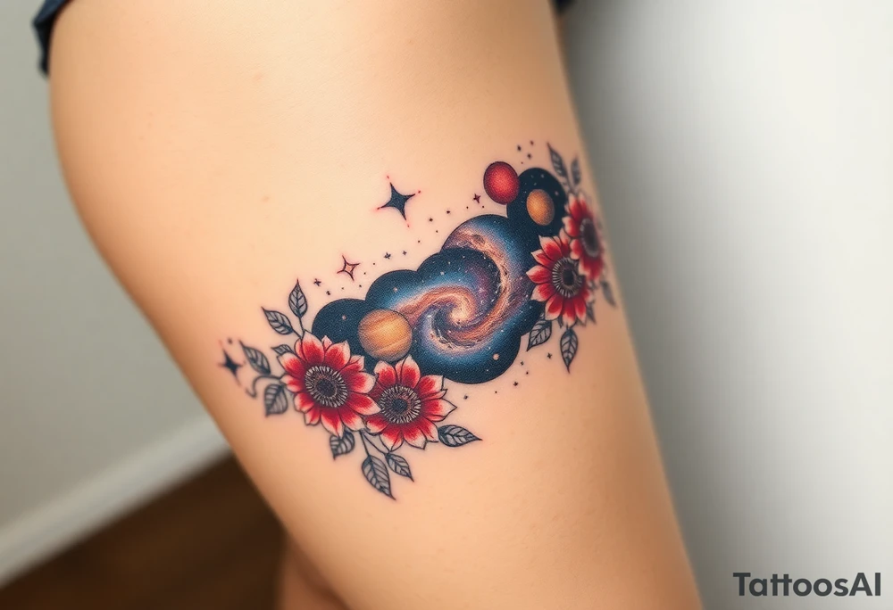Milky way galaxy with planets with zodiac symbols and protection runes with red roses and sunflowers tattoo idea