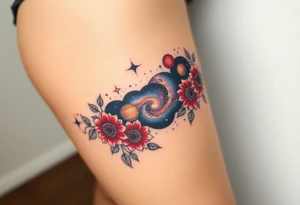 Milky way galaxy with planets with zodiac symbols and protection runes with red roses and sunflowers tattoo idea
