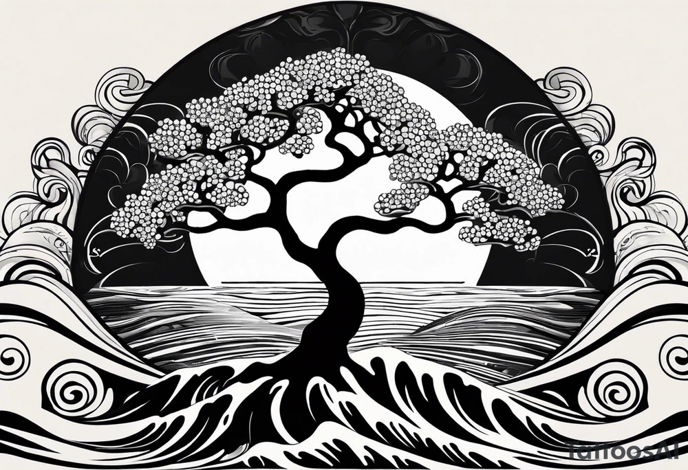 an abstract Tree of life tattoo design. Black and white. It should have roots growing out of the bottom. The roots slowly transform into water waves from the great wave by Hokusai. A golf ball should be placed discreetly. Like in the place of a moon. 2 license plate tags should be hanging from the tree. Place a few music notes. The letters A U should be engraved into the tree trunk in a heart tattoo idea