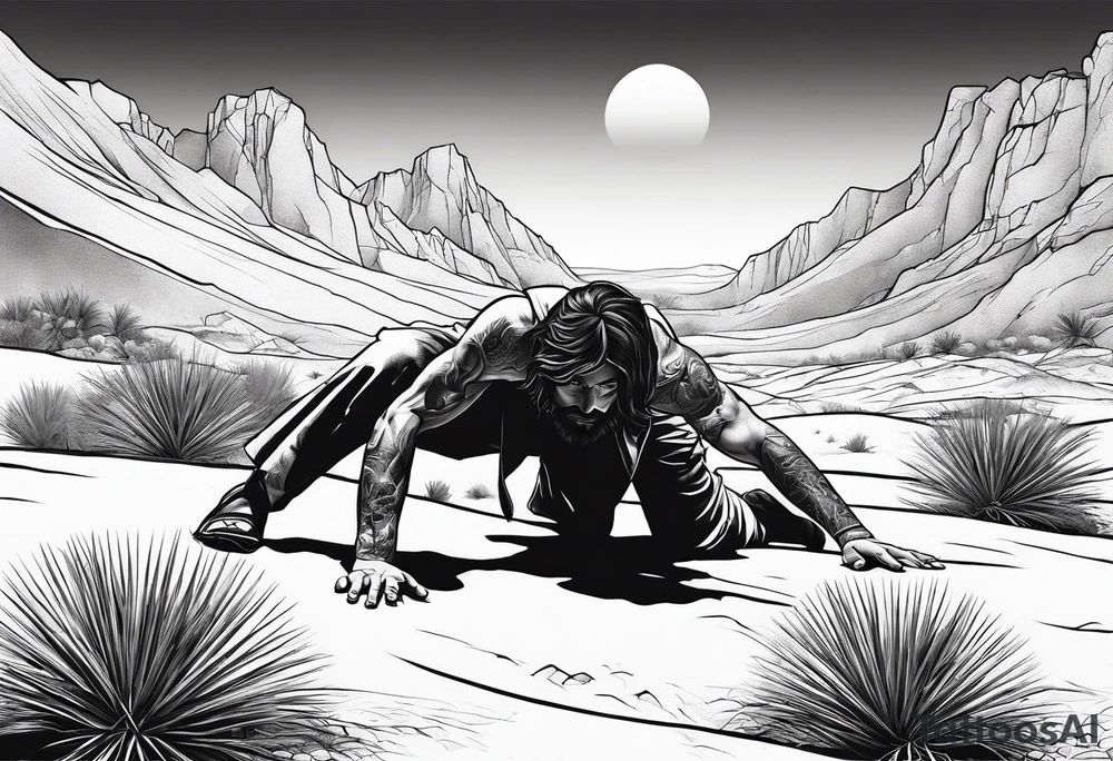 man crawling in a desert reaching to the cross of Christ tattoo idea
