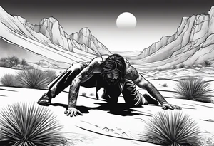 man crawling in a desert reaching to the cross of Christ tattoo idea