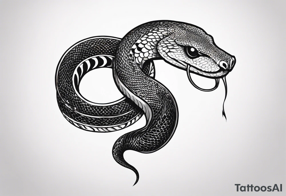 Create a detailed sketch of a snake tattoo. The design should feature a coiled snake with intricate scales and a dynamic, flowing pose. Emphasize the snake's head with a slightly menacing expression, its forked tongue flicking out. Include subtle shading to highlight the texture of the scales and give the design a sense of depth. The overall style should be clean and bold, suitable for a tattoo, with a focus on both artistic and anatomical accuracy. Consider incorporating elements like floral or geometric patterns in the background to complement the snake tattoo idea