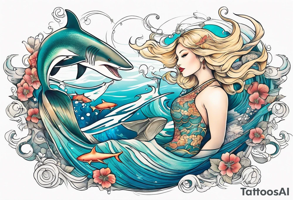 Blond mermaid swimming with sharks and whales tattoo idea