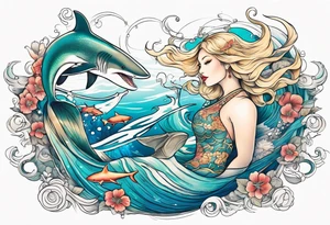 Blond mermaid swimming with sharks and whales tattoo idea