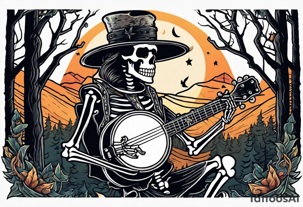 Skeleton playing banjo wearing a coal minor hat at night in the woods of west virginia around a camp fire tattoo idea