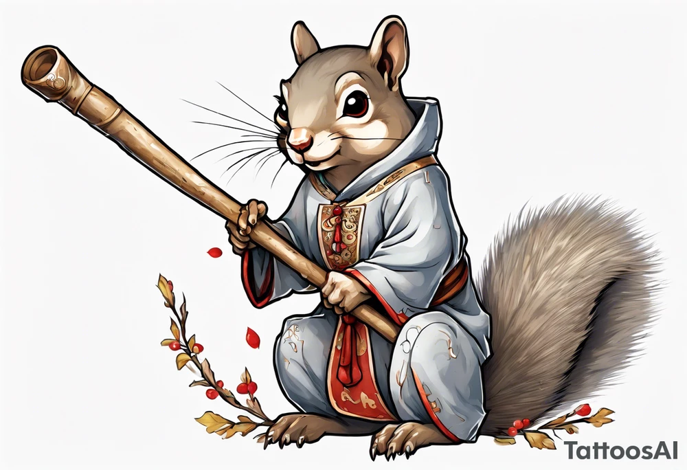 a grey squirrel with hazel eyes dressed in a medieval tunic holding a large white stick tattoo idea
