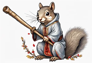 a grey squirrel with hazel eyes dressed in a medieval tunic holding a large white stick tattoo idea