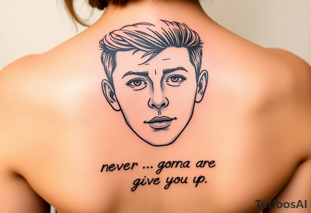 Young Rick Astley Face with Never Gonna Give You Up text tattoo idea