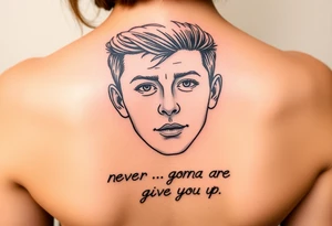 Young Rick Astley Face with Never Gonna Give You Up text tattoo idea