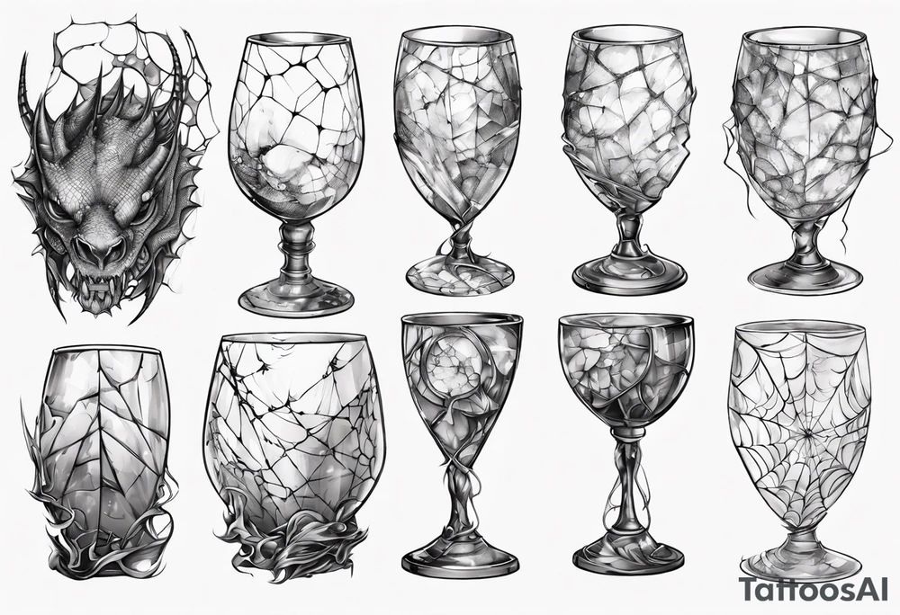 Shattered glass goblet tangled spiderweb dragon scales tattoo idea