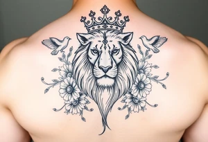 powerful majestic lion with a crown, surrounded by floral ornaments and birds tattoo idea