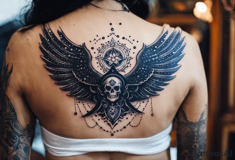 black kali, goddess pirate, alien, angel, pachamama, valkrye, warrior, flying, skull, lotus azul, wing, eagle, zenza resonance, stars, 5D, anahata chakra, death, durga, riding on a tiger, flying lady, chest tatoo tattoo idea