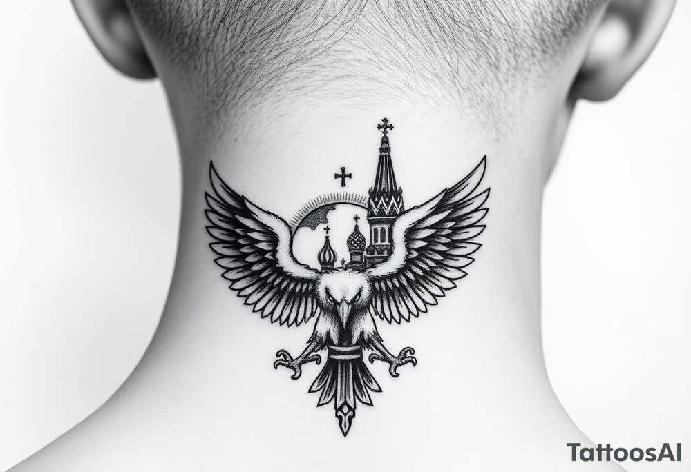 St. George
Russian imperial crown above the eagle
Russian sabre
The Kremlin or St. Basil's Cathedral scene tattoo idea