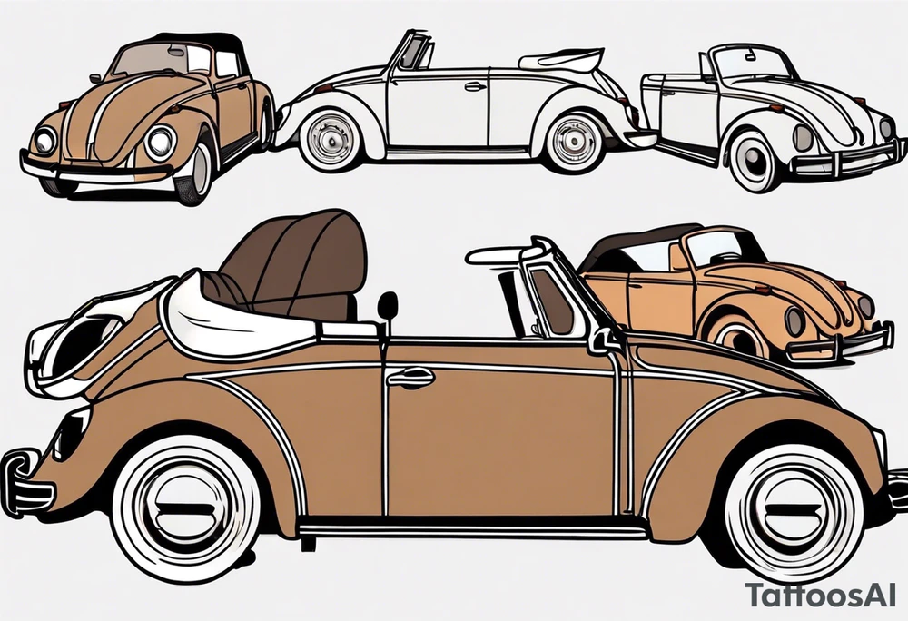 VW beetle convertible, side profile, top-down, modern, linework, minimal, no shadow or solid shading, brown linework tattoo idea